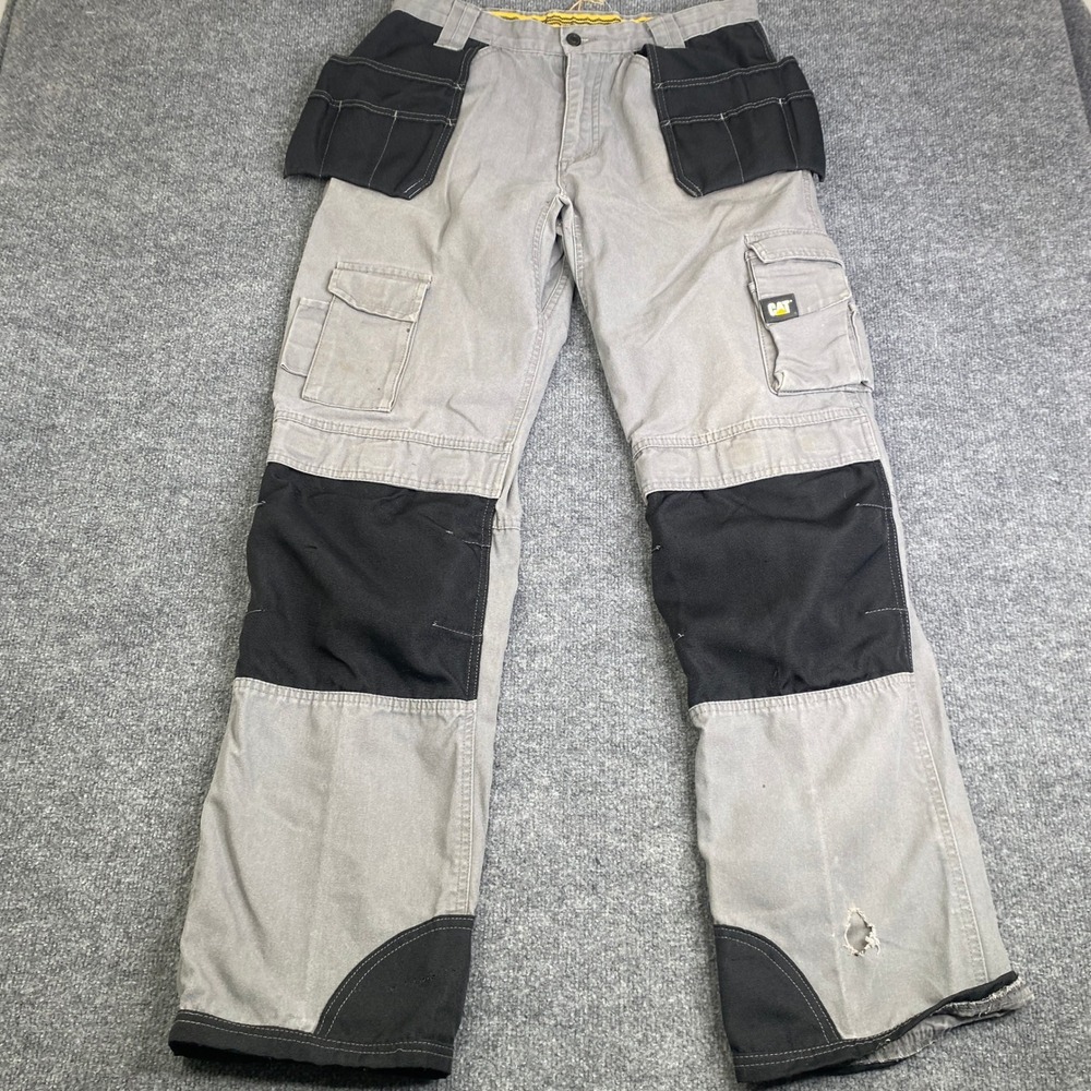 CAT Caterpillar Mens Gray Black Trademark Work Pants Cargo Tool Pockets 34x30